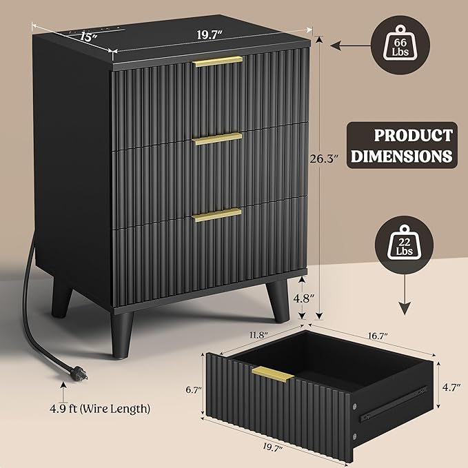 Lulive Wood 3 Drawers Dresser Fluted Night Stand with Charging Station, Natural Nightstand 3 Storage Drawers Dresser Modern Side Table, Bedside Table for Bedroom