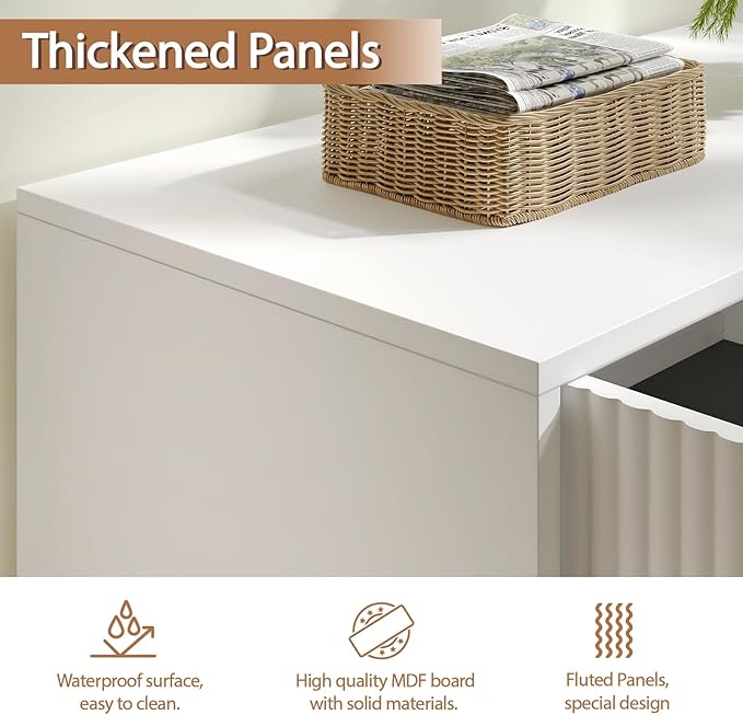 Fluted Storage Cabinet, 2 Doors Sideboard Buffet Cabinet, Modern Wood Accent Cabinet with Adjustable Shelves, Console Table for Living Room, Hallway, Entryway, White