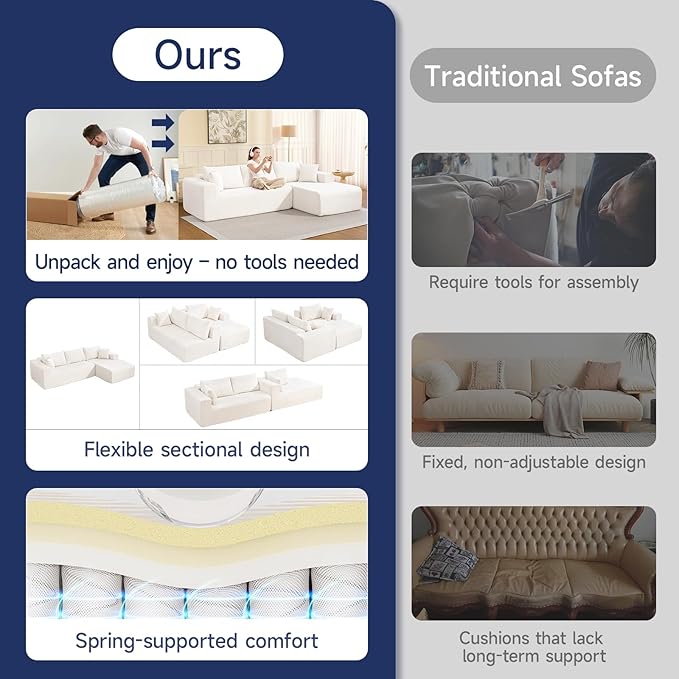 2025 New 108" Cloud Couch Sectional, Modular Sectional Sofa with L-Shaped Chaise, Deep Seat Sectional Modular Couch for Living Room, No Assembly Required (Beige, Right Facing Chaise)