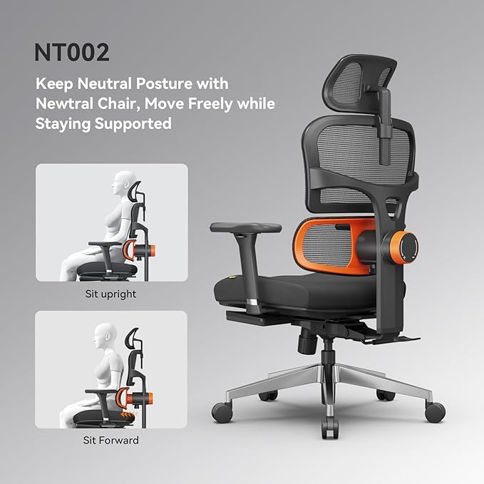 Newtral Ergonomic Office Chair with Fully Adaptive Lumbar Support, 136°Tilt Function, Computer Desk Chair with Soft 4D Armrest, Adjustable Headrest (Supreme Without Laptop Tray, Black)
