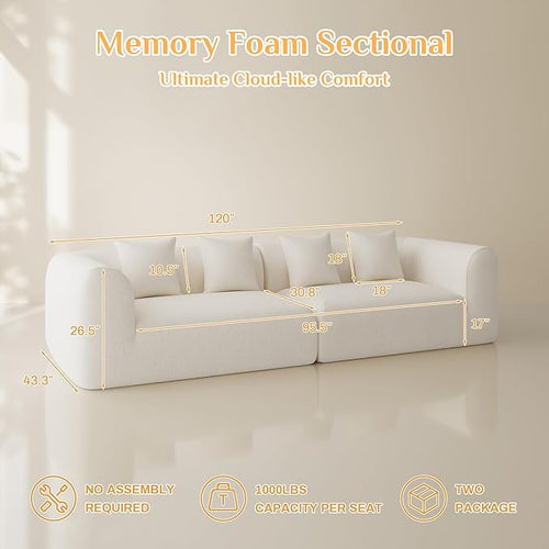 120'' Oversized Sectional Couches for Living Room Boneless Modular Sectional Sofa Plush Chenille Cloud Modular Couch Modern Sectionals with Deep Seat, No Assembly Required, 4 Seater, Beige