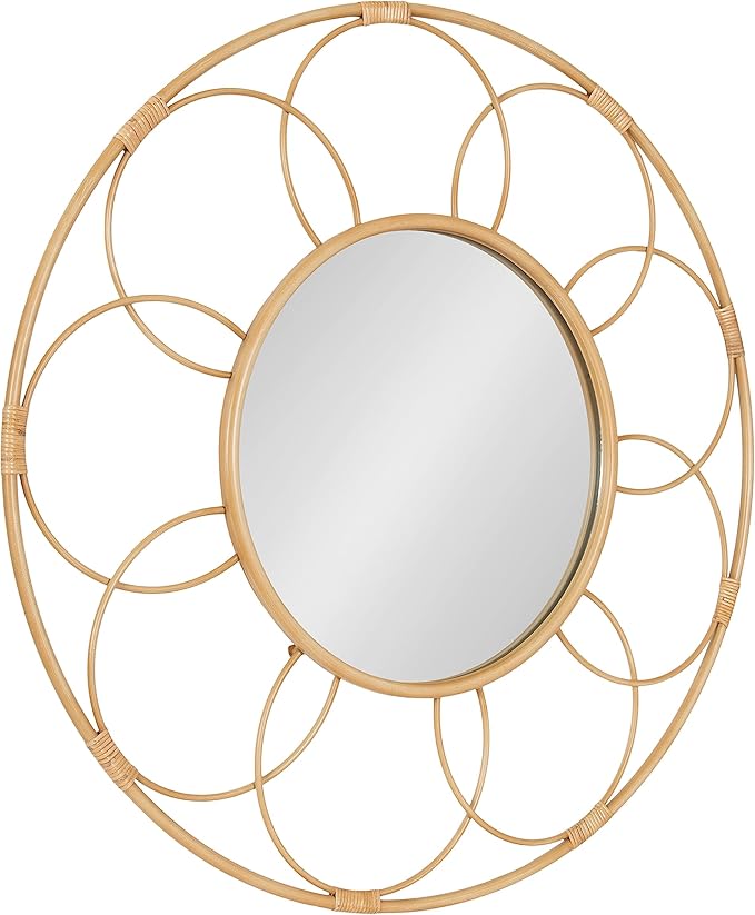 Kate and Laurel Cori Boho Round Mirror; 34 Inch Diameter; Natural; Light Decorative Metal Mirror with Rattan Accenting for Coastal Home Wall Decor