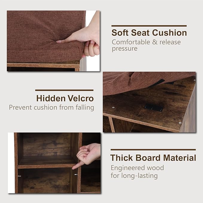 MFSTUDIO Shoe Storage Bench, Shoe Rack Bench with Barn Door Cabinet, 9 Open Compartments, Seating Cushion, Freestanding Shoe Rack Organizer for Entryway Hallway Bedroom, Rustic Brown, Large Size