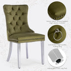 Velvet Upholstered Dining Chairs Set of 2, Modern Kitchen Side Chairs with Nailhead Trim and Silver Plated Leg, Metal Pulling Ring for Dining Room Living Room(Olive Green-Silver Plated Leg)