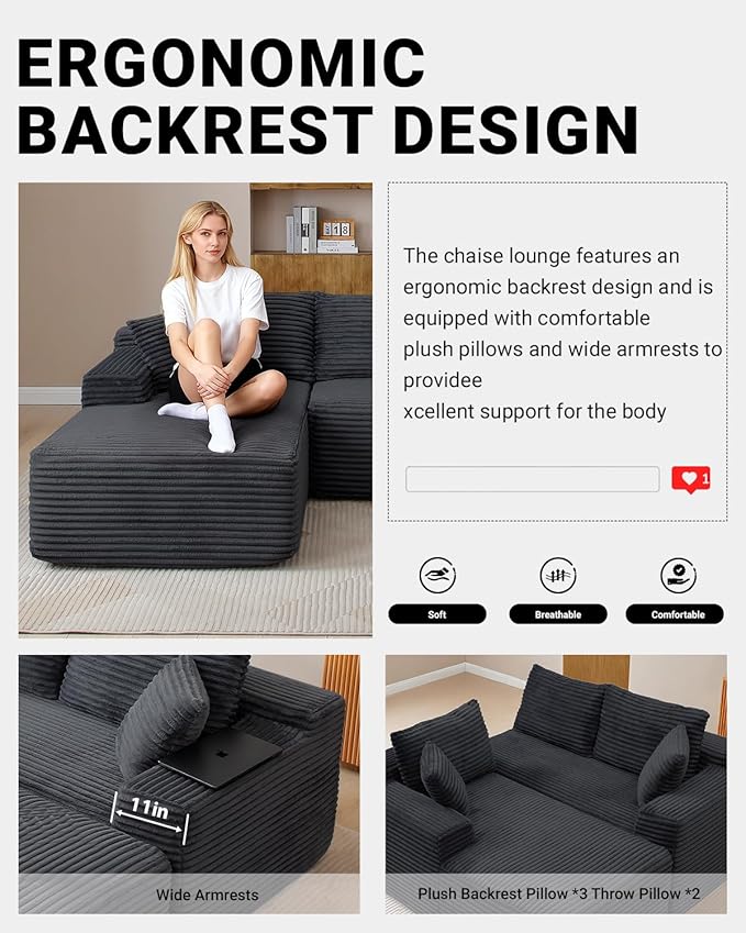 95 Inch Cloud Sectional Couch,Modular Sectional Sofa with Deep Seat,Modern Corduroy Boneless Couches with L-Shape Chaise for Living Room Bedroom,No Assembly Required (Black, Left Facing Chaise)