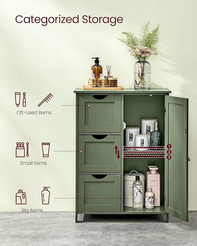 VASAGLE Floor Storage Cabinet, Freestanding Storage Unit with 3 Drawers, 1 Adjustable Shelf, for Bathroom Living Room Dining Kitchen, 11.8 x 23.6 x 31.5 Inches, Forest Green UBBC049C01