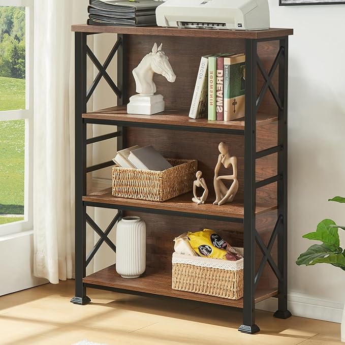 HOMBAZAAR Book Shelf,4 Tier Short Bookshelf with Metal Frame and Backboard,Rustic Brown Deep Bookcase with Engineered Wood Shelves,Shelf Bookcase for Living Room,Bedroom and Office