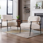 Mid-Century Accent Chair Set of 2, Soft Armchair Sherpa Fabric Lounge Chair with Black Metal Legs, Upholstered Leisure Chair for Living Room Bedroom Reception Room, White