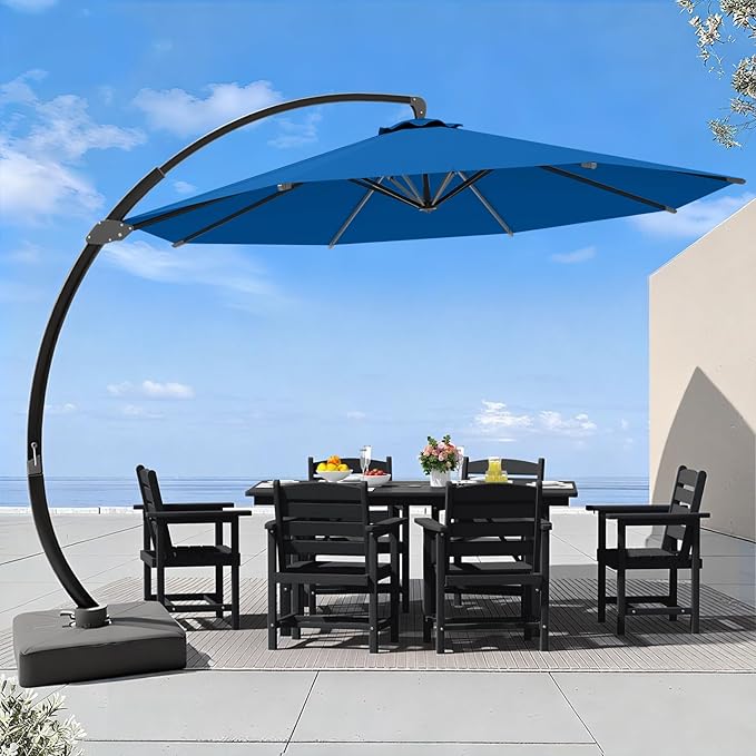 7 Piece Patio Dining Set with 11ft Patio Umbrella (Royal Blue), 7 Black Outdoor HDPE Dining Set with 6 Chairs + 1 Large Table, for Market, Pool, Garden, Backyard, Deck