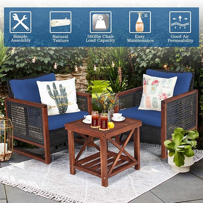 COSTWAY 3 Pieces Wicker Patio Furniture Set, Outdoor Wicker Sofa with Acacia Wood Frame, Coffee Table & Washable Cushions, Rattan Conversation Sets for Yard, Porch Bistro Balcony, Backyard, Navy Blue