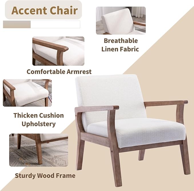 HNY Mid Century Armchair with Wood Frames, Linen Upholstered Living Room Arm Chair, for Living Room, Bedroom, Ivory