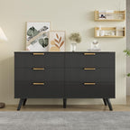 Black Fluted 6 Drawer Dresser for Bedroom, Chest of Drawers with Solid Wood Legs, Modern Dresser Chest Cabinet Organizer with Golden Handles, Beside Table for Closet, Hallway, Bedroom