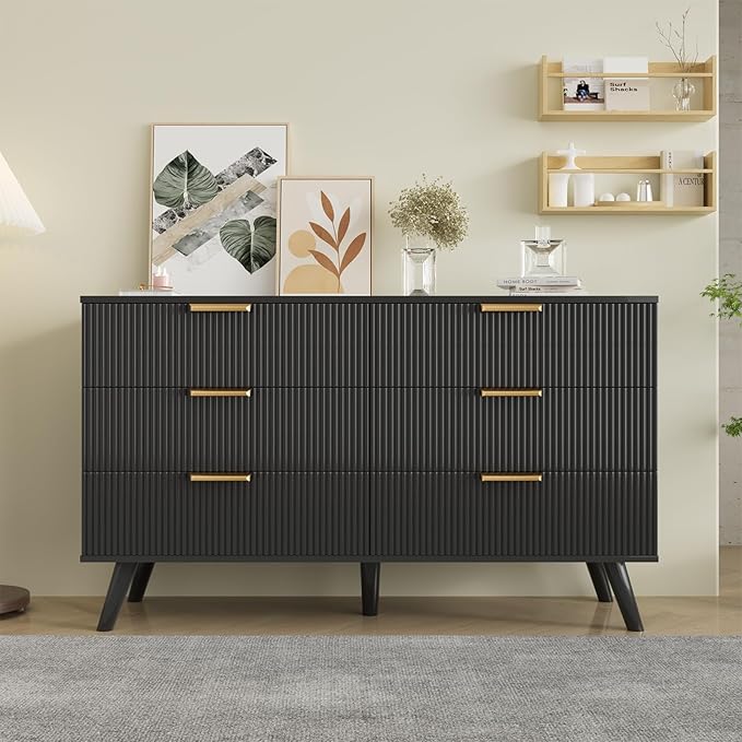 Black Fluted 6 Drawer Dresser for Bedroom, Chest of Drawers with Solid Wood Legs, Modern Dresser Chest Cabinet Organizer with Golden Handles, Beside Table for Closet, Hallway, Bedroom