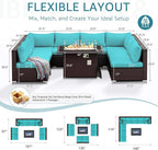 NICESOUL 9 Piece Patio Sectional Set with Firepit Natural Gas/Propane, 29.3'' High Back Tall Big Outdoor Conversation Couch Sets, Wide Sitting Furniture for Outside, Brown Rattan and Teal Cushion