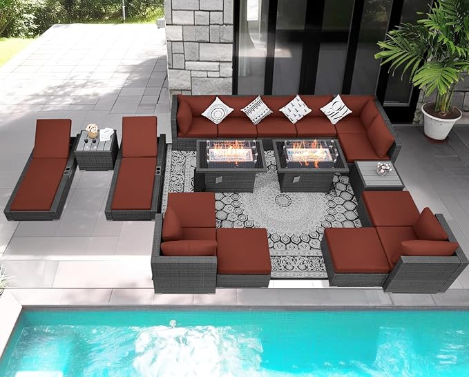 NICESOUL 18 Piece Outdoor Patio Furniture Set with Fire Pit and Chaise Lounge, Luxurious Modular Wicker Woven Patio Sets Couch and Loungers, 14-Seats Outdoor Seating Sectional Sturdy, Grey&Burgundy