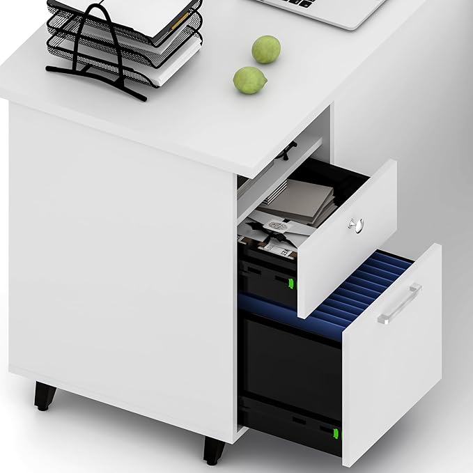 70" W L‑Shaped Executive Standing Desk with Storage Cabinet, Electric Corner Height Adjustable Workstation for Dual Screens, Printer, and Office Essentials