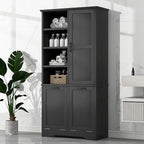 Tall Laundry Cabinet with 2 Tilt Out Hamper, Wood Bathroom Storage Cabinet with Doors and Adjustable Shelves Freestanding (Black)
