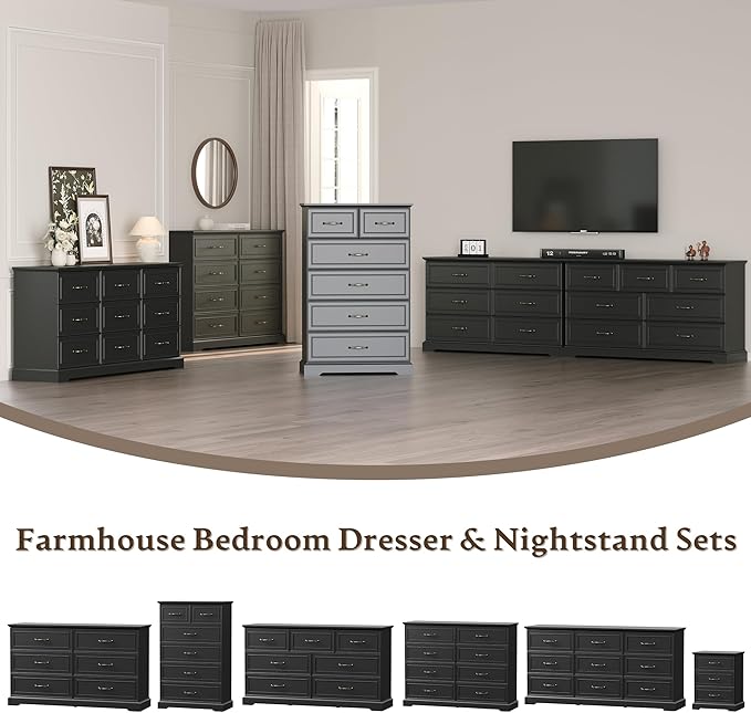 Farmhouse 6 Drawers Dresser for Bedroom, 49" Tall Modern Chest of Drawers with Deep Drawers & Bar Handles, Rustic Wood Dresser TV Stand, Wooden Closet Storage Organizer for Living Room, Hallway, Black