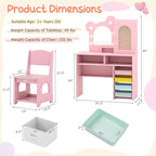 Costzon Kids Vanity with Lights, Girls Vanity Set with Mirror, Storage Drawers, Cabinet & Shelves, Toddler Makeup Vanity Desk Dressing Table, Wooden Kids Vanity Table and Chair Set (Pink)