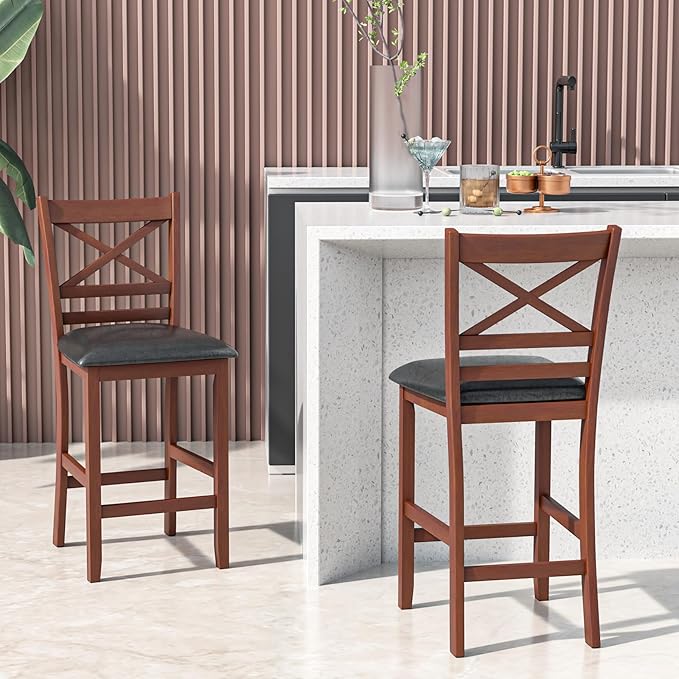 COSTWAY Barstools Set of 4, 25” Counter Height Mid Century Modern Island Chairs with Back, Soft Cushion & Faux Leather Seat, Wooden Armless Kitchen Stools for Home, Cafe Shop, Restaurant, Pub
