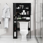 Over The Toilet Storage Cabinet, Farmhouse Storage Cabinet Over Toilet with Barn Door& Toilet Paper Holder Stand，Home Space-Saving Toilet Rack, for Bathroom, Restroom, Laundry.Pure Black