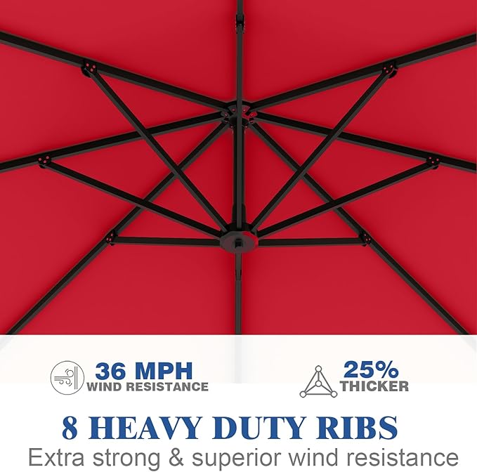 7 Piece Patio Dining Set with 11ft Patio Umbrella (Red), 7 Navy Outdoor HDPE Dining Set with 6 Chairs + 1 Large Table with 2" Umbrella Hole, for Market, Pool, Garden, Backyard, Deck