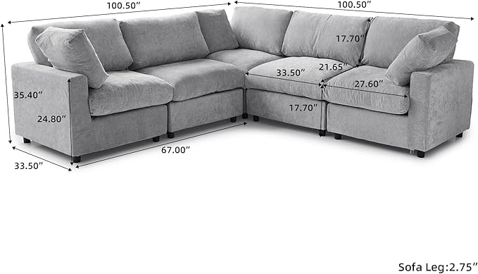 WJShome Cloud Couch Modular Sectional Sofa,100.5" V Shaped Couch, Convertible Wide Seater, 5 Seater for Living Room Set,Covers Washable&Replaceable,Gray