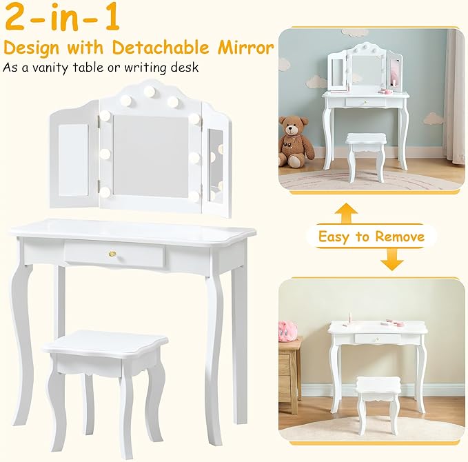 Kids Vanity, Little Girls Vanity Set with Stool and Light, 2 in 1 Wooden Kids Vanity Table and Chair Set, Princess Makeup Table with Drawer for Girls