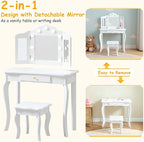 Kids Vanity, Little Girls Vanity Set with Stool and Light, 2 in 1 Wooden Kids Vanity Table and Chair Set, Princess Makeup Table with Drawer for Girls
