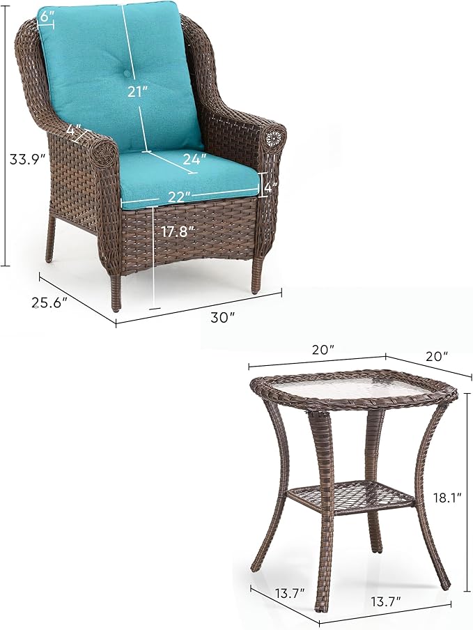 3 Piece Patio Brown Wicker Chairs with Side Table - Outdoor High Back Heavy Duty All-Weather Lawn Dining Rattan Chair Conversation Bistro Set for Deck Porch Balcony Backyard Garden - Turqoise