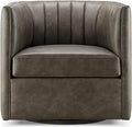 CHERS Rivet Mid-Century Modern Swivel Armchair, Channel-Tufted Faux Leather Accent Chair, 360-Degree Rotating Lounge Chair with Ergonomic Design for Living Room, Bedroom, Home Theater, Pewter