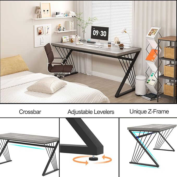 FOLUBAN Modern Desk, Rustic Wood and Metal Computer Desks for Home Office, Simple Study Writing Work Table for Bedroom Living Room, Light Grey, 60 Inch