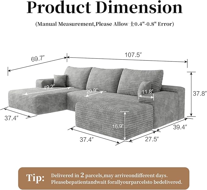 107.5" Compressed Boneless Couch with Ottoman, 2 Seater Large U Shaped Sectional Couches for Living Room, Grey Corduroy Cloud Modular Sectional Sofa, Memory Foam, No Assembly，Light Facing Chaise