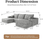 107.5" Compressed Boneless Couch with Ottoman, 2 Seater Large U Shaped Sectional Couches for Living Room, Grey Corduroy Cloud Modular Sectional Sofa, Memory Foam, No Assembly，Light Facing Chaise