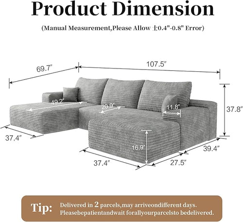 107.5" Compressed Boneless Couch with Ottoman, 2 Seater Large U Shaped Sectional Couches for Living Room, Grey Corduroy Cloud Modular Sectional Sofa, Memory Foam, No Assembly，Light Facing Chaise