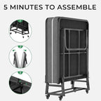 Folding Bed with Mattress, Portable Rollaway Guest Beds On Wheels, 72"x 32" Twin Size Portable Bed for Adults, Metal Bed Frame, Space Saving Roll Away Beds for Small Apartment