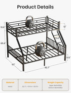 Twin XL Over Queen Bunk Bed for Adults, Heavy Duty Metal Bunk Beds with Safety Guardrails & EVA Padded Ladder, Twin XL Over Queen Bunk Beds Frame with Noise-Free Slats, Space-Saving(Black)