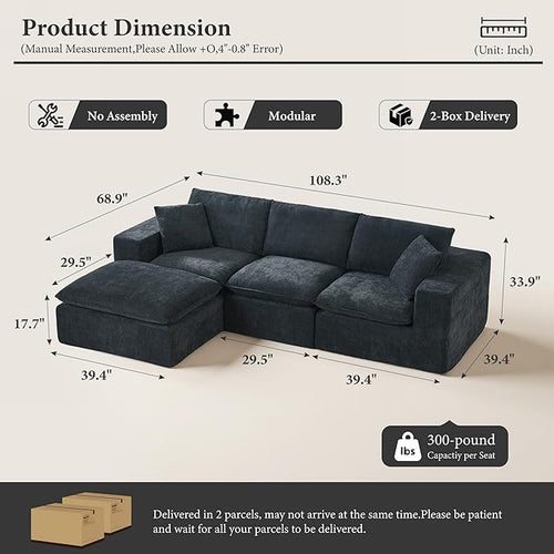 108" Sectional Couches for Living Room Boneless Couch Upholstered Cloud Couch Sectional Modular Sectional Sofa with L Shaped (Chenille-Blue, 3 Seat+1 Ottoman)