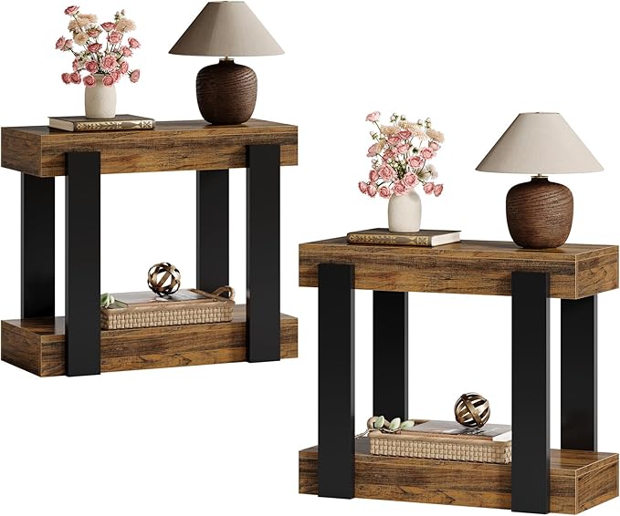 Tribesigns Narrow End Table Set of 2, 2-Tier Farmhouse Side Table with Storage Shelf for Living Room, Rectangular Night Stand and Bedside Tables for Bedroom, Brown