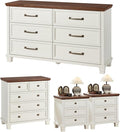 Farmhouse Bedroom Dresser and Nightstand Set of 4, 6 Drawer Low & 5 Drawers Dresser & 3 Drawer Nightstand Set with Wooden Legs, Rustic Wood Bedroom Furniture for Livingroom, Hallway, White