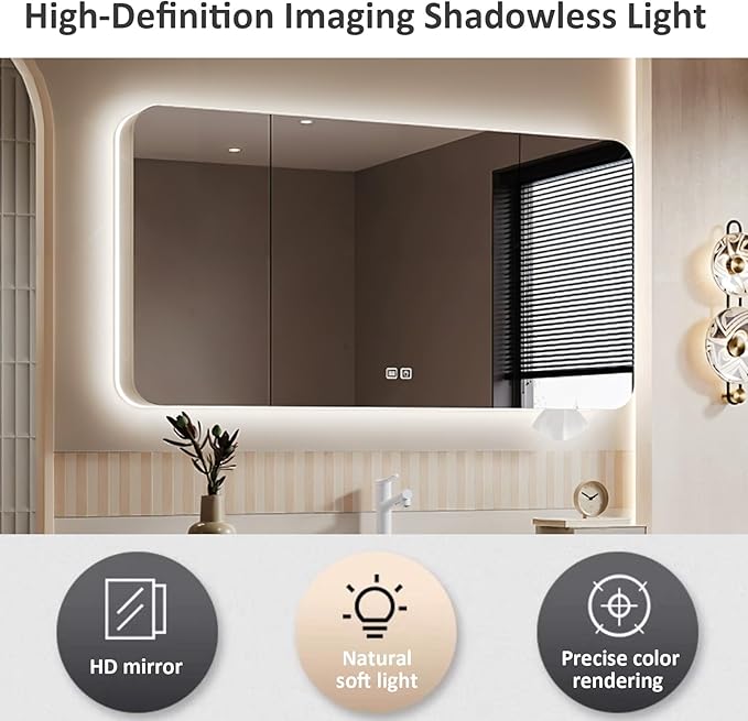 32IN Bathroom Vanity - Bathroom Vanity with Sink with Intelligent Induction Light | Wall-Mounted Bathroom Vanity with Intelligent LED Mirror Cabinet & 6 Drawers, Cream Color