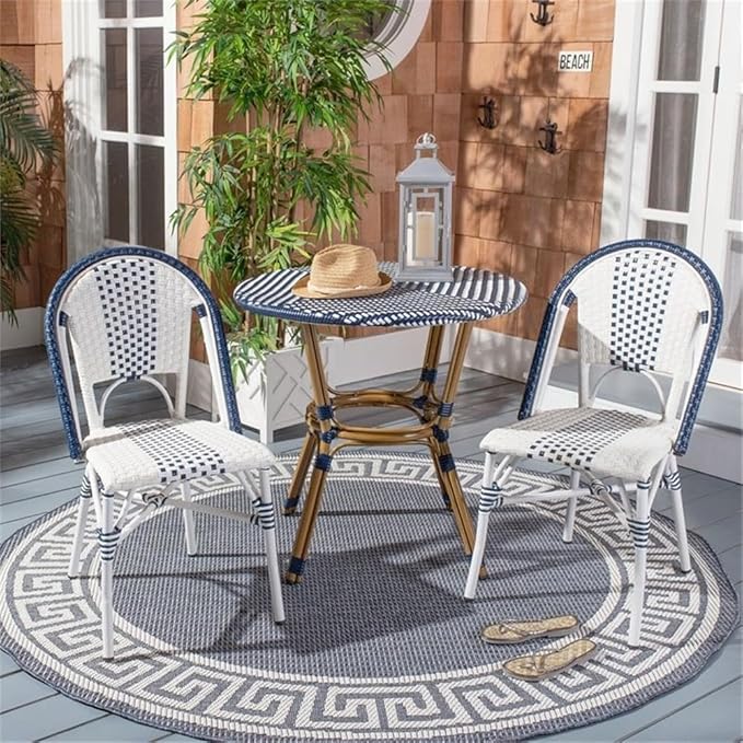 Safavieh PAT4012A Outdoor Collection Sidford Navy and White Rattan Bistro Table