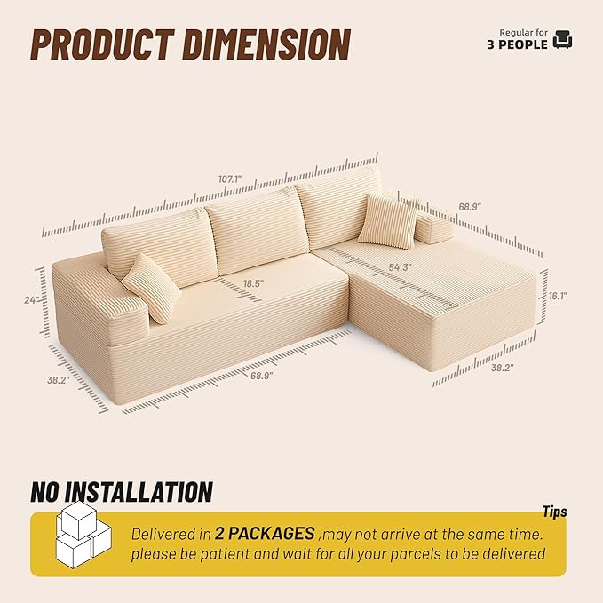107" Boneless Couch with Deep Seat, Modular Sectional Sofa, Cloud Sectional Couch for Living Room, No Assembly Required, Corduroy, L-Shape Right，White