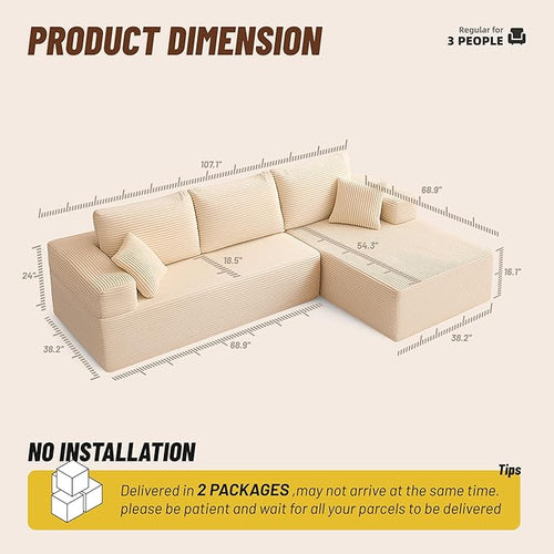 107" Boneless Couch with Deep Seat, Modular Sectional Sofa, Cloud Sectional Couch for Living Room, No Assembly Required, Corduroy, L-Shape Right，White