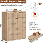 LEYAOYAO Fluted 5 Drawers Dresser for Bedroom Set of 2, 41" Tall Modern Chest of Drawers with Metal Handle, Curved Profile Design,Natural Wood Drawer Organizer for Bedroom, Living Room, Hallway