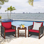 COSTWAY 3 Pieces Wicker Patio Furniture Set, Outdoor Wicker Sofa with Acacia Wood Frame, Coffee Table & Washable Cushions, Rattan Conversation Sets for Yard, Porch, Bistro, Balcony, Backyard, Red