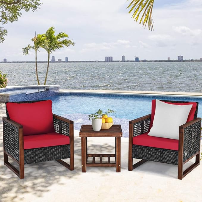 COSTWAY 3 Pieces Wicker Patio Furniture Set, Outdoor Wicker Sofa with Acacia Wood Frame, Coffee Table & Washable Cushions, Rattan Conversation Sets for Yard, Porch, Bistro, Balcony, Backyard, Red