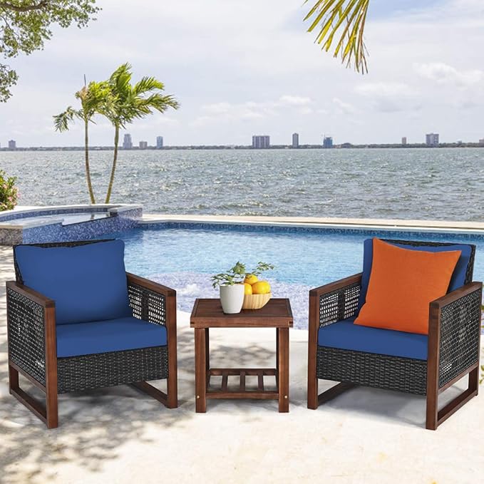 COSTWAY 3 Pieces Wicker Patio Furniture Set, Outdoor Wicker Sofa with Acacia Wood Frame, Coffee Table & Washable Cushions, Rattan Conversation Sets for Yard, Porch Bistro Balcony, Backyard, Navy Blue
