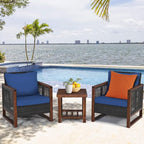 COSTWAY 3 Pieces Wicker Patio Furniture Set, Outdoor Wicker Sofa with Acacia Wood Frame, Coffee Table & Washable Cushions, Rattan Conversation Sets for Yard, Porch Bistro Balcony, Backyard, Navy Blue