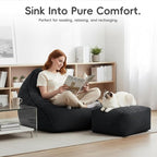 Cloud Bean Bag Chair with Ottoman for Adults, Comfy Corduroy Chaise Lounge Chair with High-Resilience Foam, Oversized Boneless Reading Chair for Bedroom & Living Room Black
